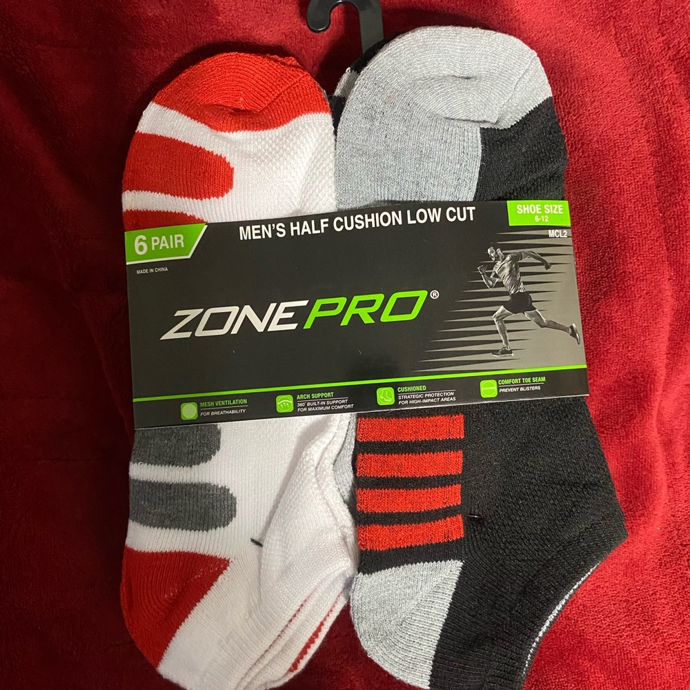 2 packs of 6 Zone Pro Men's Half Cushion Low Cut Socks - Red, White, Black, Gray